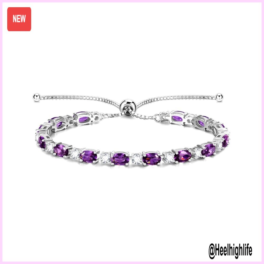 Sterling Silver Tennis Bracelet With Amethyst, Adjustable Bolo Clasp, Fine